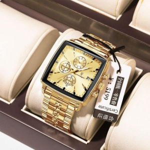 POEDAGAR 866 Luxury Square Business Man Wristwatch Waterproof Golden
