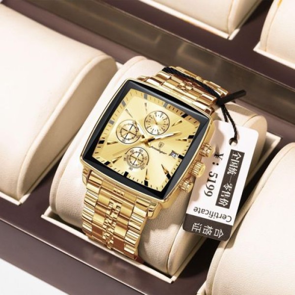 POEDAGAR 866 Luxury Square Business Man Wristwatch Waterproof Golden