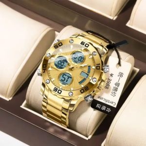 POEDAGAR E102 Quartz Electronic Waterproof  Sport Stainless LED Alarm Dual Time Display Digital Watch Gold