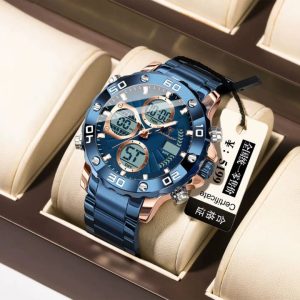 POEDAGAR E102 Quartz Electronic Waterproof  Sport Stainless LED Alarm Dual Time Display Digital Watch Blue