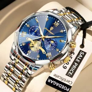 Poedagar 938 Men's Luxury Stainless Steel Chronograph Quartz Watch Waterproof Blue