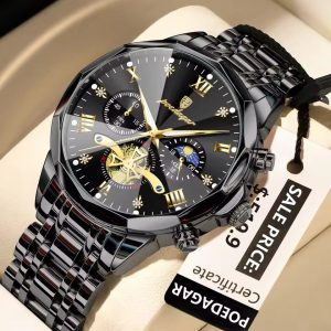 Poedagar 938 Men's Luxury Stainless Steel Chronograph Quartz Watch Waterproof Full Black