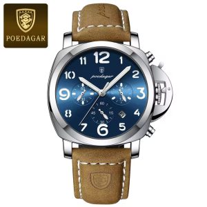 POEDAGAR 859 Luxury Sports Waterproof Luminous Mens Watch Silver & Blue