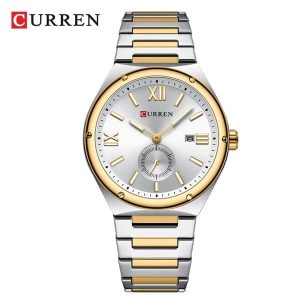 New CURREN 8471 Mens Watch Fashion Casual Quartz Watches Stainless Steel Luminous Calendar Business Watches for Men color : Silver/ Gold & white