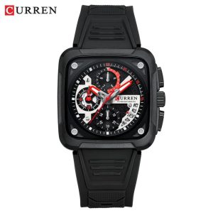 CURREN 8461 Silicone Strap Men’s Quartz Watch Square Six-needle Multifunction Sport Outdoor Date 3ATM Waterproof Male Wristwatch Color: Black