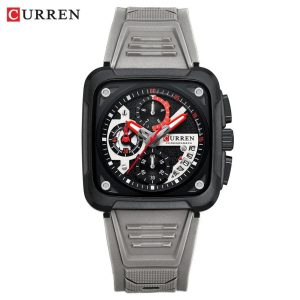 CURREN 8461 Silicone Strap Men’s Quartz Watch Square Six-needle Multifunction Sport Outdoor Date 3ATM Waterproof Male Wristwatch Color: Gray
