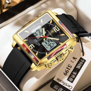 POEDAGAR E109 New Arrivals Chronograph Sports Dual Time Watch Men Silicone Waterproof Quartz Digital LED Color: Gold Black