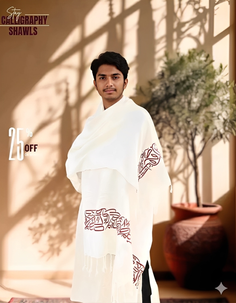Premium Arabic Calligraphy Shawls Color : White