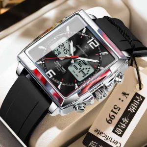 POEDAGAR E109 New Arrivals Chronograph Sports Dual Time Watch Men Silicone Waterproof Quartz Digital LED Color: Black Silver