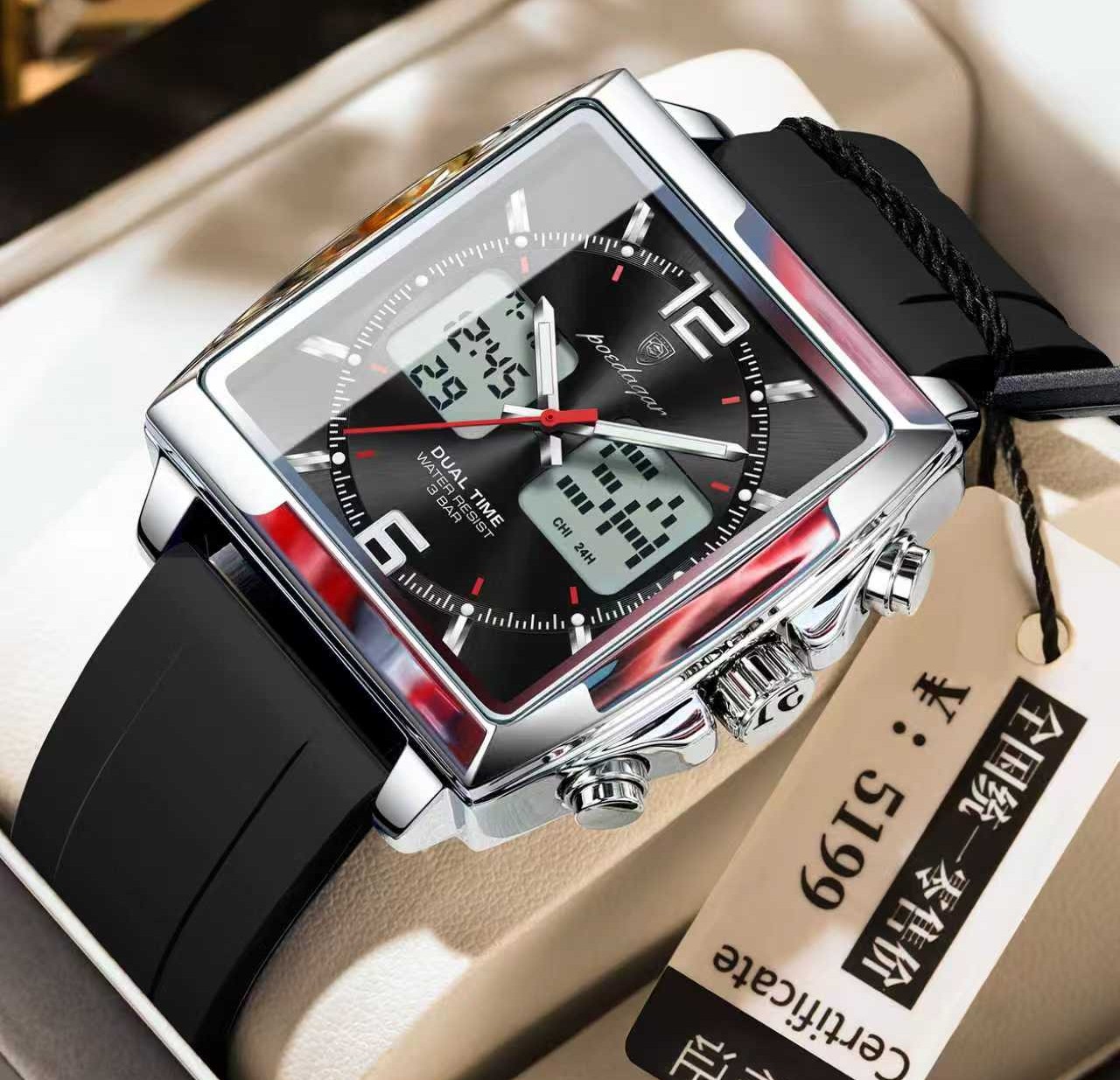 POEDAGAR E109 New Arrivals Chronograph Sports Dual Time Watch Men Silicone Waterproof Quartz Digital LED Color: Black Silver