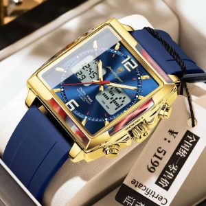 POEDAGAR E109 New Arrivals Chronograph Sports Dual Time Watch Men Silicone Waterproof Quartz Digital LED Color: Gold Blue
