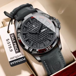 POEDAGAR 895 Luxury Luminous Leather Men’s Watch- Grey
