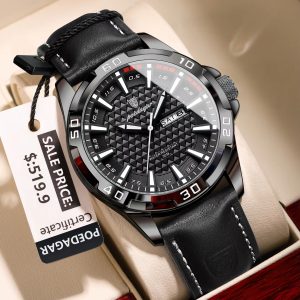 POEDAGAR 895 Luxury Luminous Leather Men’s Watch- Black