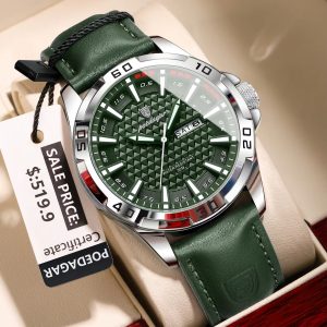 POEDAGAR 895 Luxury Luminous Leather Men’s Watch-Silver Green