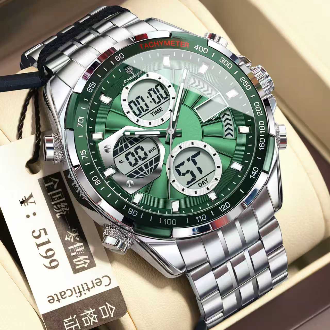 POEDAGAR E108 Quartz Analog LED Digital Men Watch Chronograph Brand 3ATM Waterproof Multi Function Calendar Watches Color : Silver /Green