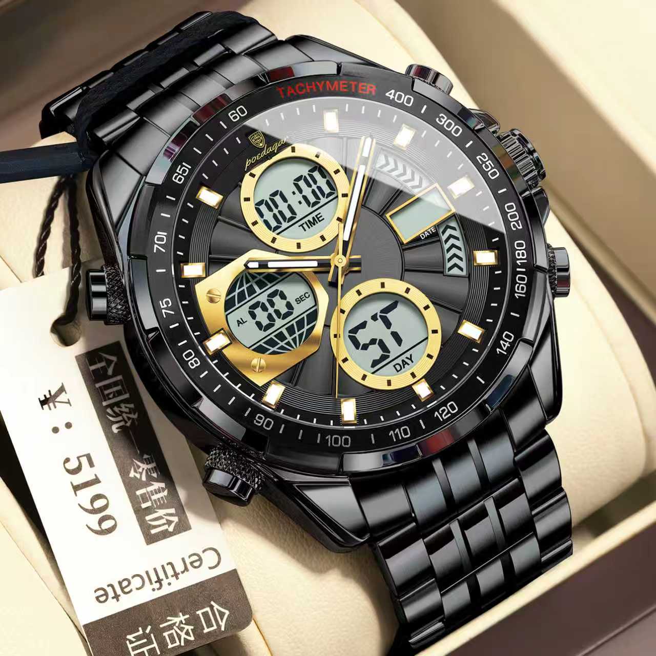 POEDAGAR E108 Quartz Analog LED Digital Men Watch Chronograph Brand 3ATM Waterproof Multi Function Calendar Watches Color : Black /Black