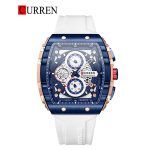 The CURREN 8442 sports quartz watch shown with its blue case, detailed chronograph dial, and white silicone band.