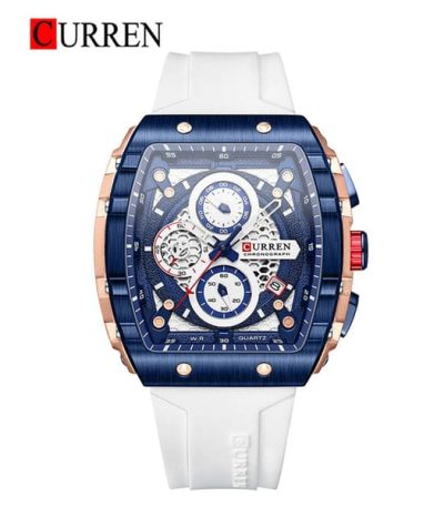 The CURREN 8442 sports quartz watch shown with its blue case, detailed chronograph dial, and white silicone band.