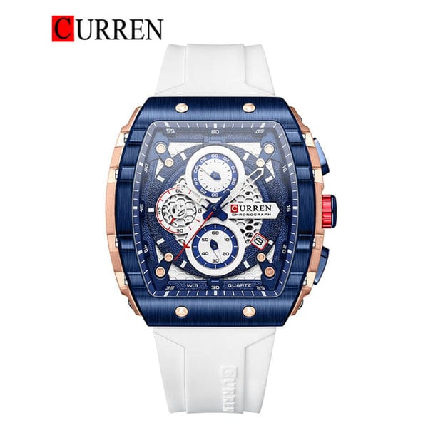 The CURREN 8442 sports quartz watch shown with its blue case, detailed chronograph dial, and white silicone band.