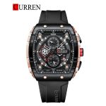 A CURREN 8442 chronograph men's watch shown upright. It features a black silicone band and a rose gold and black case.