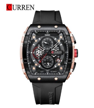 A CURREN 8442 chronograph men's watch shown upright. It features a black silicone band and a rose gold and black case.