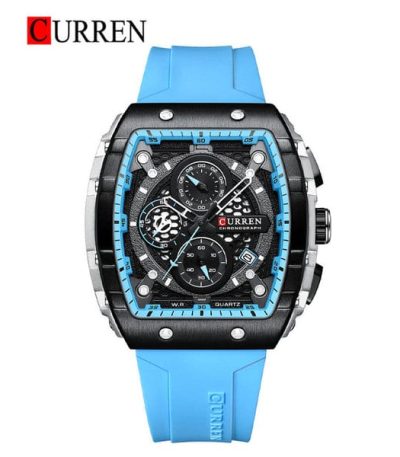 A front view of the CURREN 8442 chronograph men's watch, featuring a black and silver case with a sky blue silicone band.