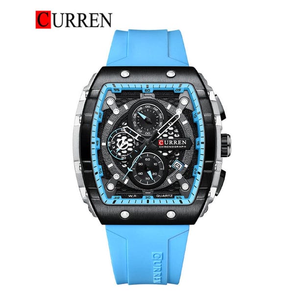 A front view of the CURREN 8442 chronograph men's watch, featuring a black and silver case with a sky blue silicone band.