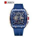 A front view of the CURREN 8442 multi-function chronograph men's watch, featuring a blue silicone band and a rose gold case.