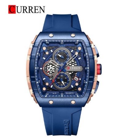 A front view of the CURREN 8442 multi-function chronograph men's watch, featuring a blue silicone band and a rose gold case.