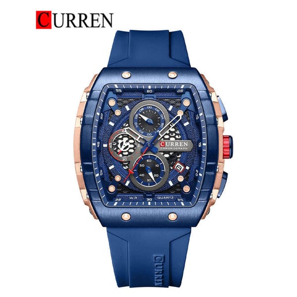 A front view of the CURREN 8442 multi-function chronograph men's watch, featuring a blue silicone band and a rose gold case.