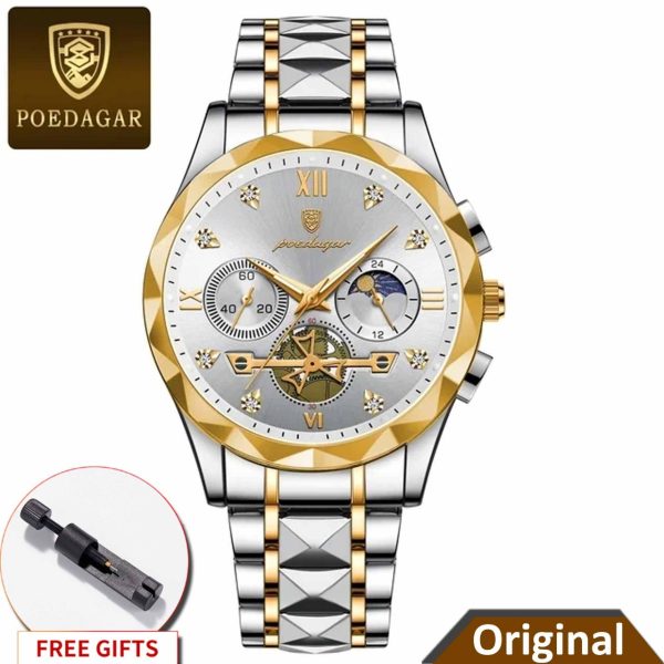 A POEDAGAR 996 luxury watch for men, featuring a two-tone silver and gold stainless steel band and a light-colored dial.