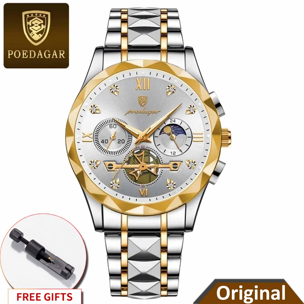 POEDAGAR 996 Luxury Watch for Man A POEDAGAR 996 luxury watch for men, featuring a two-tone silver and gold stainless steel band and a light-colored dial.