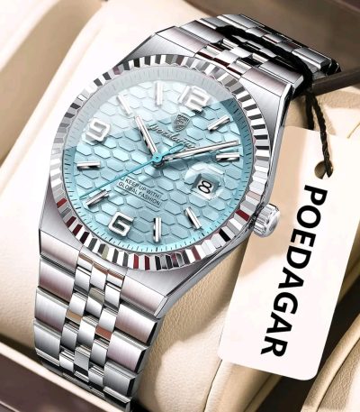 POEDAGAR 839 Fashion Business Mens Quartz Watch with a light blue honeycomb dial and a silver stainless steel bracelet.