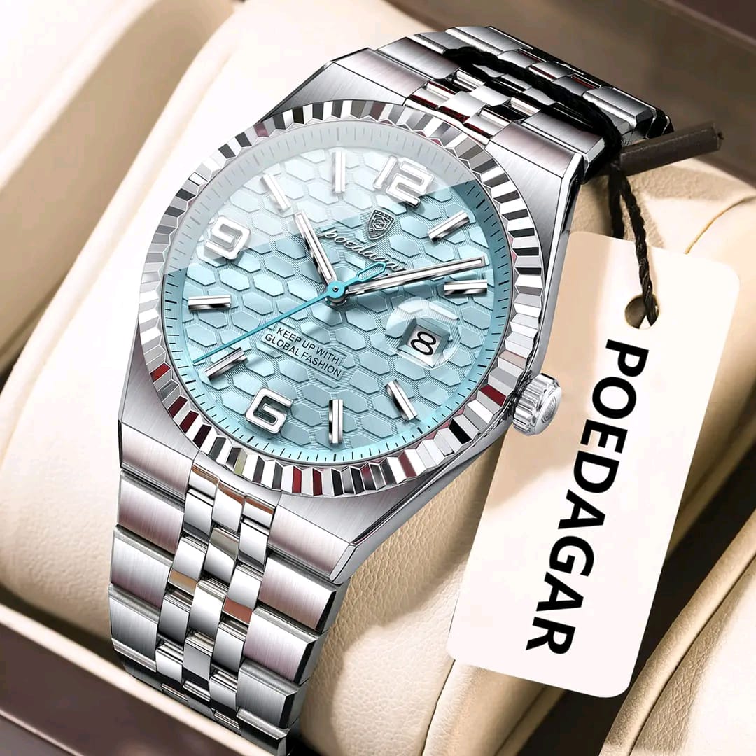 POEDAGAR 839 Fashion Business Mens Quartz Watch with a light blue honeycomb dial and a silver stainless steel bracelet.