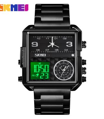 Front view of the SKMEI 1584 men's watch, featuring a square black dial with both analog and digital displays.