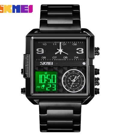 Front view of the SKMEI 1584 men's watch, featuring a square black dial with both analog and digital displays.
