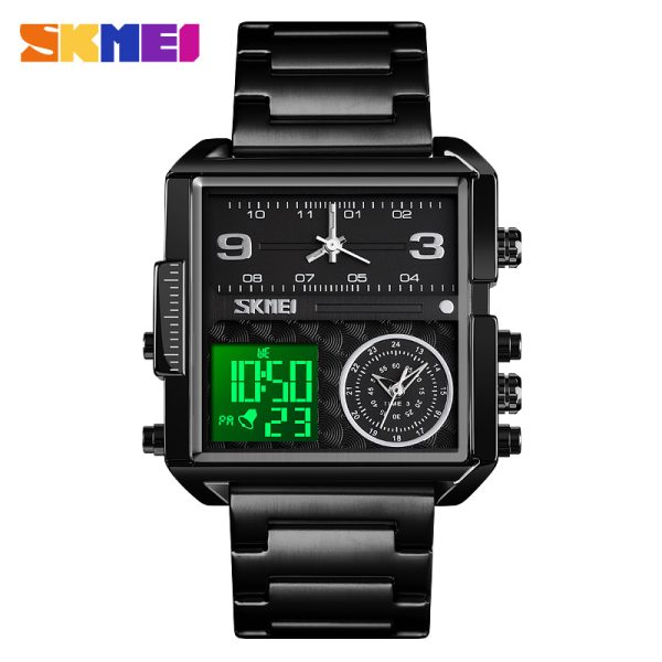 Front view of the SKMEI 1584 men's watch, featuring a square black dial with both analog and digital displays.