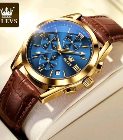 Olevs 5910 watch with a gold case, blue dial, and brown leather-look strap, displaying chronograph functions and a date window.