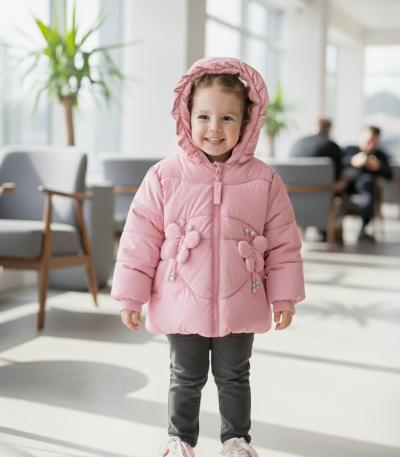 A smiling young girl wearing a hooded Girls' Pink Polyester Jacket with butterfly details.