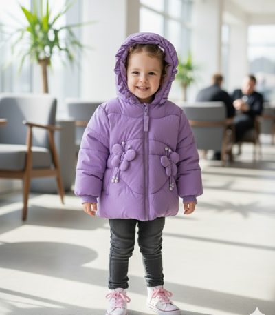 A smiling young girl wearing a hooded girls' purple polyester jacket with decorative floral accents.