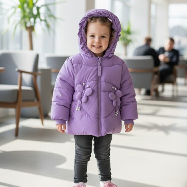 A smiling young girl wearing a hooded girls' purple polyester jacket with decorative floral accents.