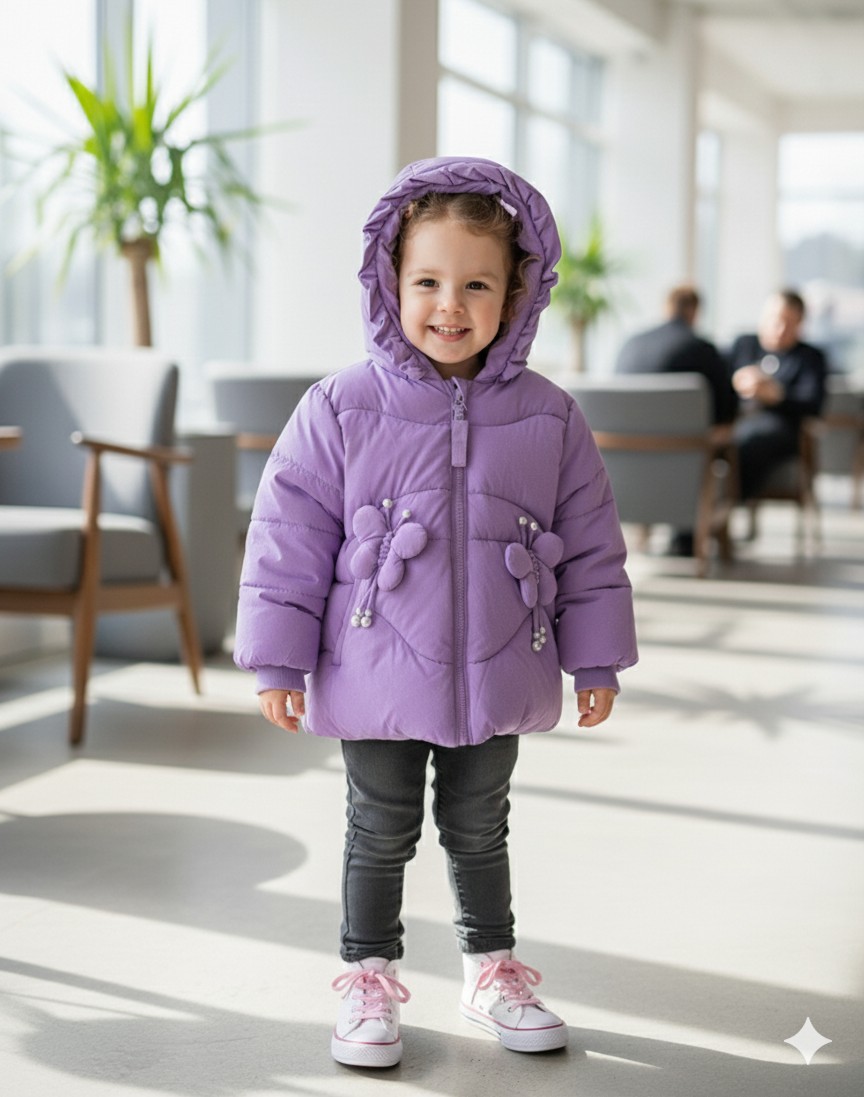 A smiling young girl wearing a hooded girls' purple polyester jacket with decorative floral accents.