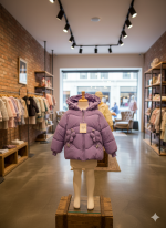A girls' purple polyester jacket with a hood and decorative bows on a mannequin in a children's clothing boutique.
