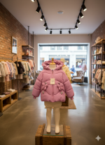 A girls' pink polyester jacket with a hood and bow details on display on a mannequin in a children's clothing store.