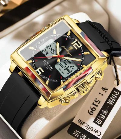 A POEDAGAR E109 dual time chronograph watch with a square gold case, black dial, and black silicone strap, shown in its box.