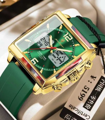 A POEDAGAR E109 chronograph watch with a square gold case, green dial, and matching green silicone strap, shown in its box.
