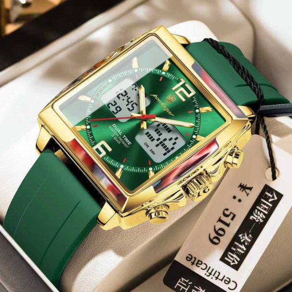 A POEDAGAR E109 chronograph watch with a square gold case, green dial, and matching green silicone strap, shown in its box.
