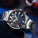 CURREN 8415 Chronograph Stainless Steel Watch with a black dial and red and blue accents, shown at an angle.