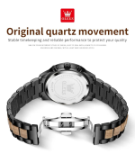 Back view of the OLEVS 3645 Wood & Steel Chronograph showing the stainless steel case and open butterfly clasp on the bracelet.