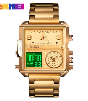 A front view of the SKMEI 1584 men's watch, featuring a gold-colored case, matching metal bracelet, and a dual analog-digital display.